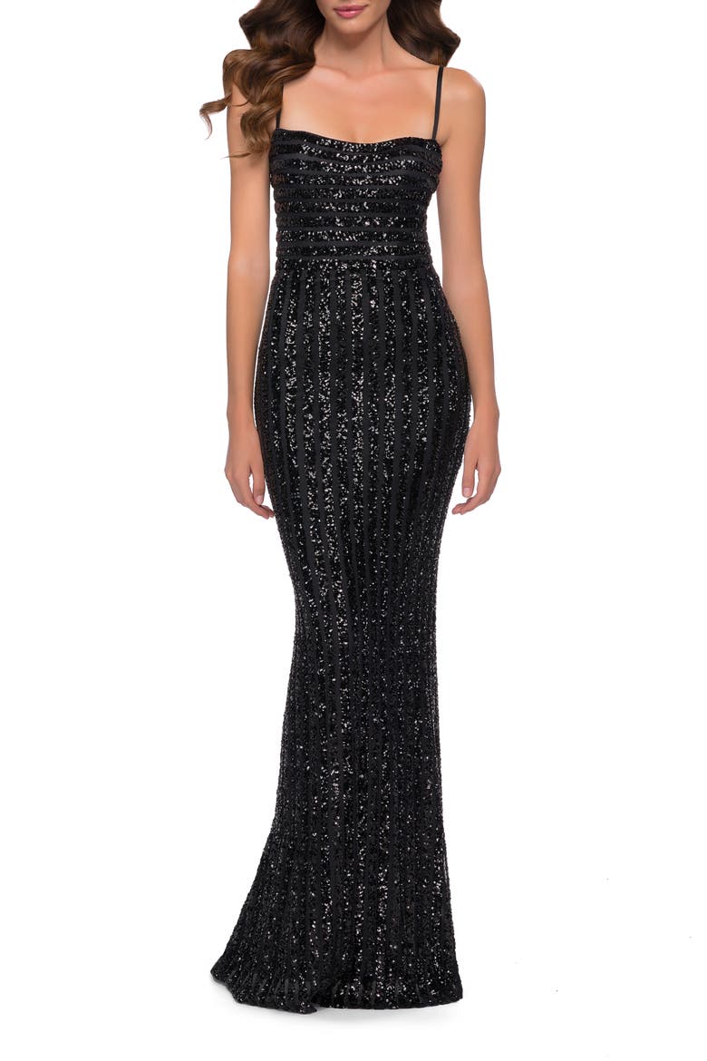 Stripe Pattern Sequin Evening Gown, Main, color, BLACK