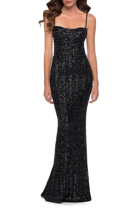 Modern Gown with Thick Line Sequin Fabric