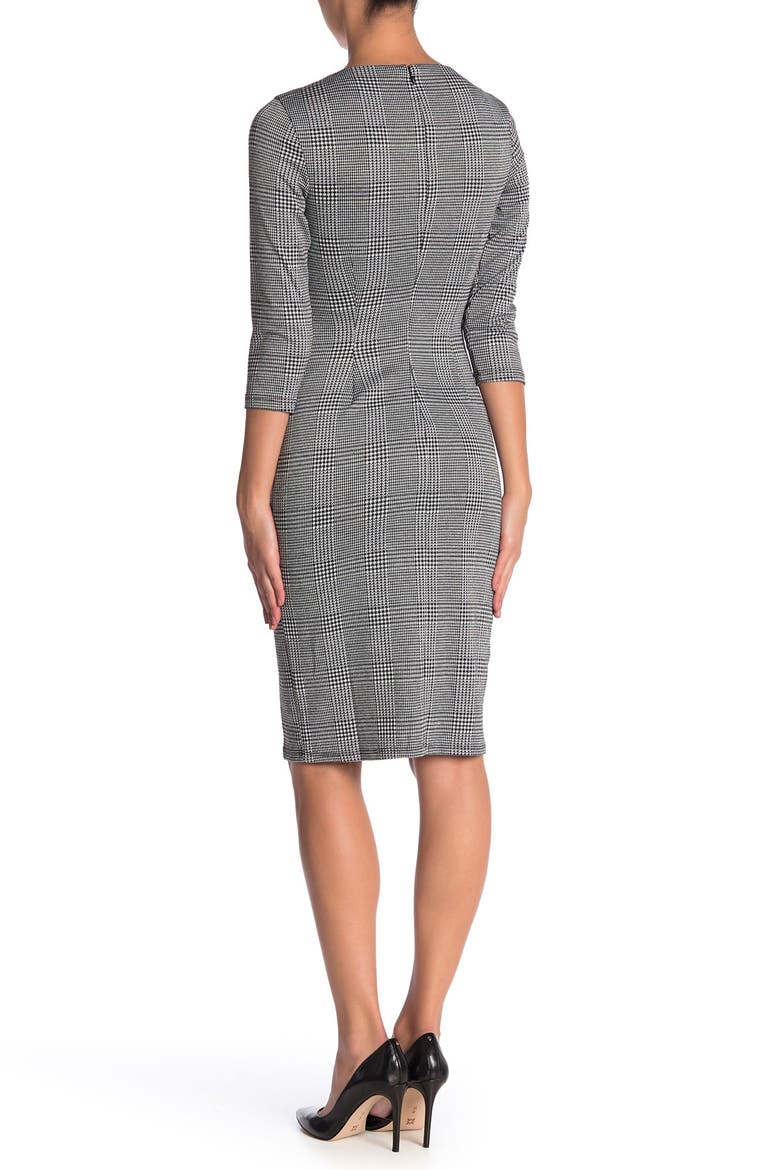 Houndstooth Plaid 3/4 Sleeve Ponte Sheath Dress, Main, color, BLACK/WHITE HOUNDSTOOTH