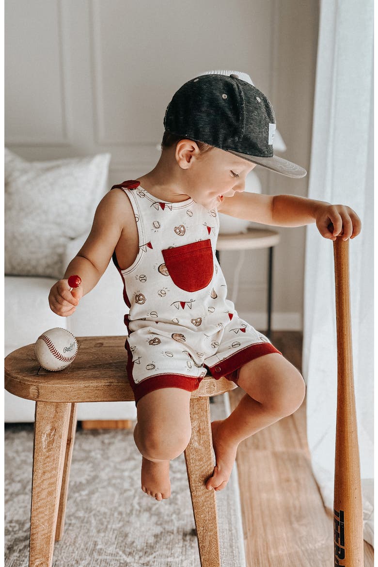 Print Sleeveless Organic Cotton Pocket Romper, Alternate, color, GAME DAY