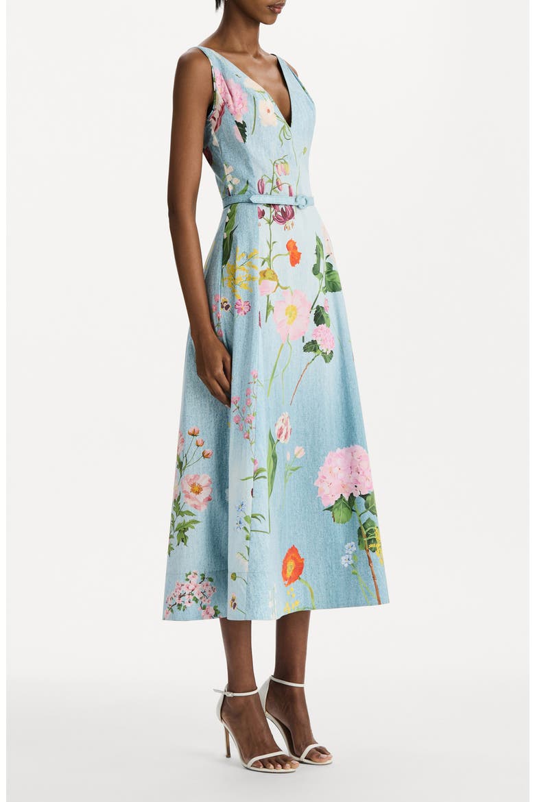 Botanical Belted Poplin Midi Dress, Alternate, color, BLUE MULTI