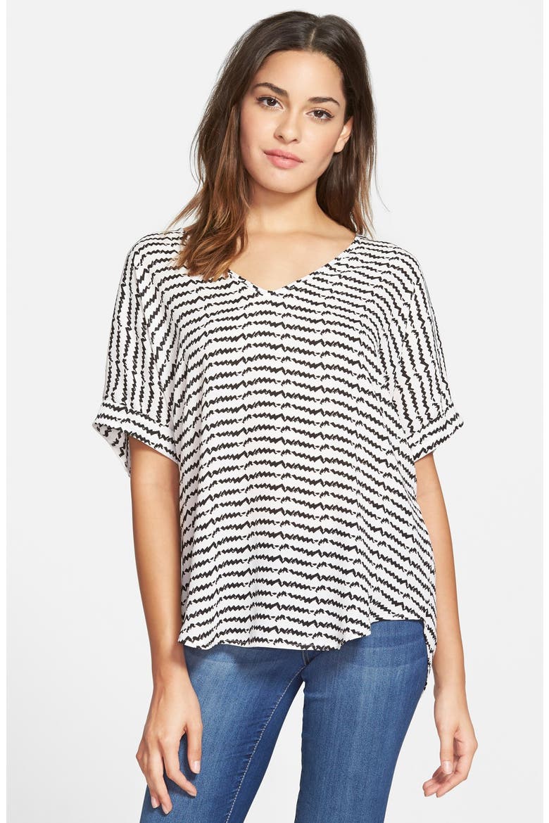 Cuff Sleeve Woven Tee, Main, color, IVORY/ BLACK PRINT