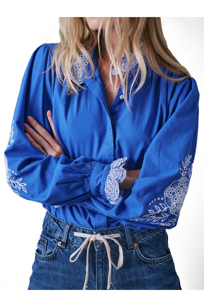 Jewel Trim Cotton Carla Blouse, Alternate, color, Cobalt Blue