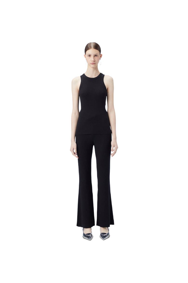 Drawstring Ribbed Cotton Silk Cashmere Blend Flares, Main, color, black