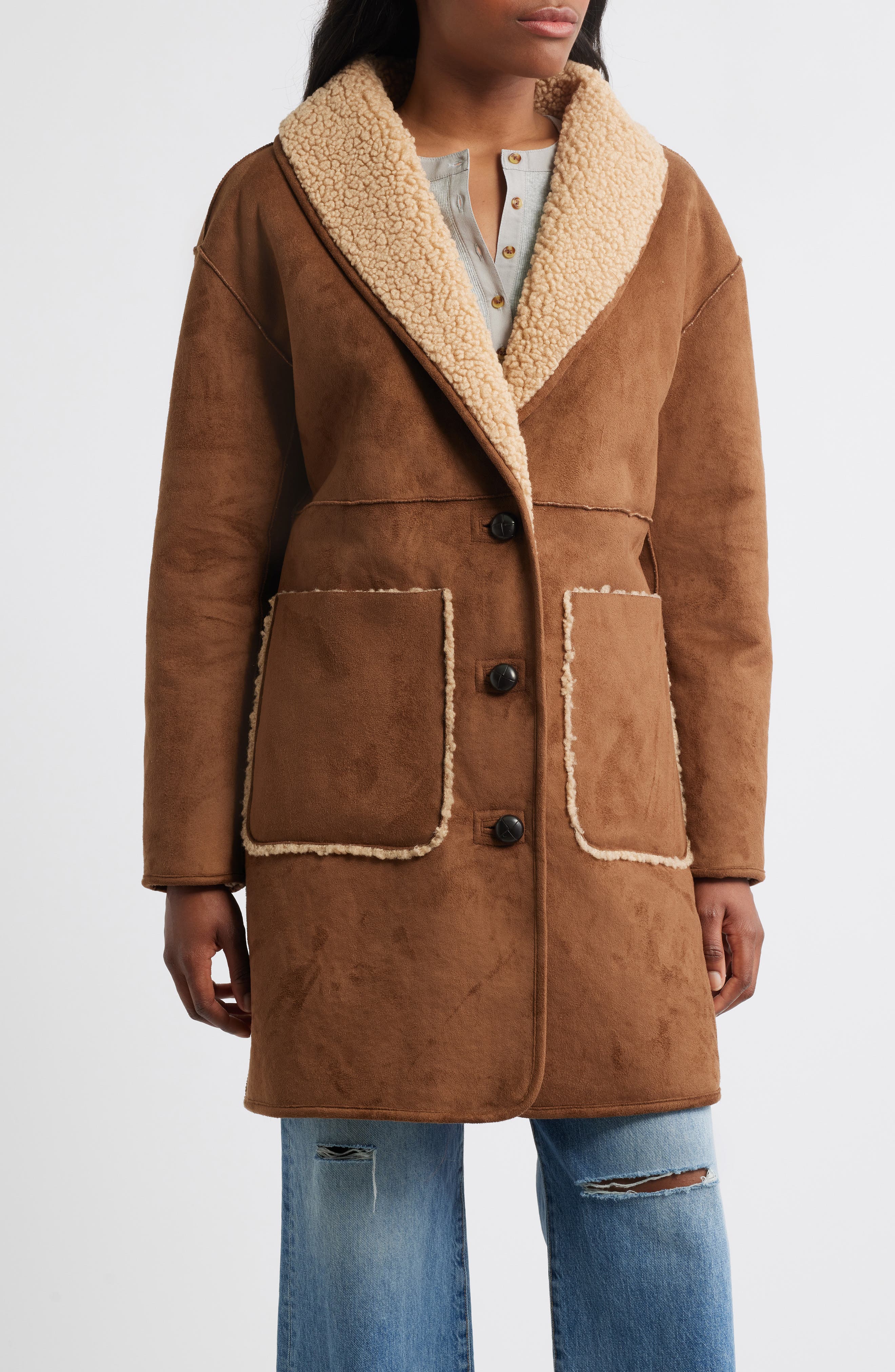 Lucky Brand Shawl Collar Faux Shearling Coat
