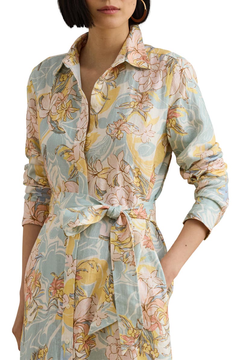 Lauren Ralph Lauren Floral Long Sleeve Linen Midi Shirtdress, Alternate, color, Cream/ Blue Multi