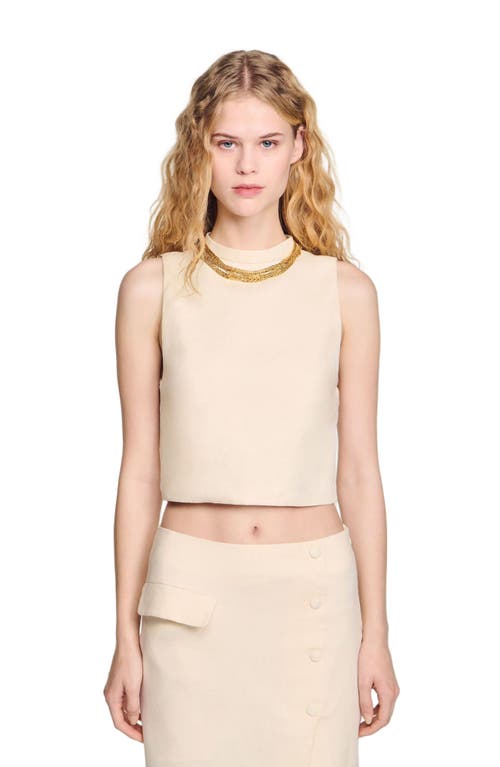 Sandro Womens Sleeveless Cropped Linen-blend Top Naturels In Ecru