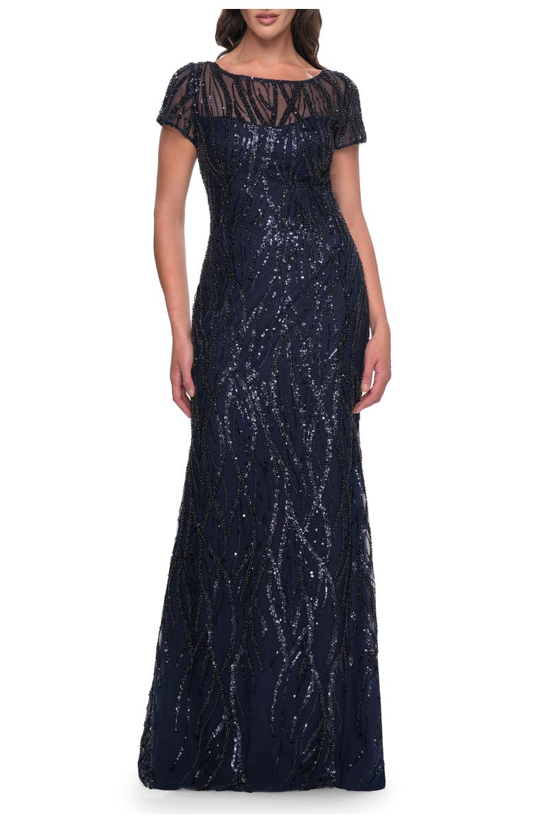 La Femme Beaded Print Fitted Evening Dress with Illusion Neckline, Main, color, Navy