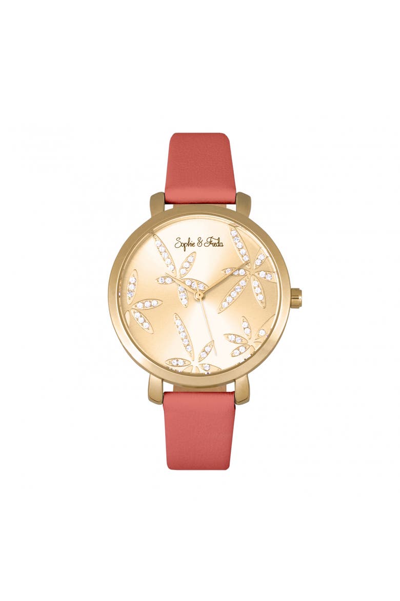 Sophie & Freda Key West Leather-Band Watch w/Swarovski Crystals, Main, color, Gold/Dark Pink