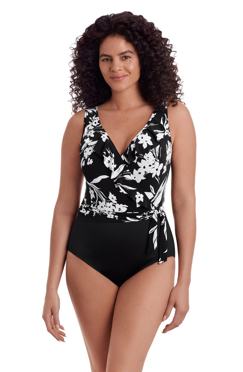Longitude Ruffle Front Sash Surplice Long Torso One-Piece Swimsuit, Main, color, Vineyard Vacay
