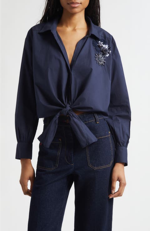 Marianna Crunchy Flower Appliqué Tie Front Shirt