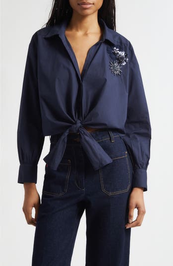 Cinq à Sept Marianna Crunchy Flower Appliqué Tie Front Shirt