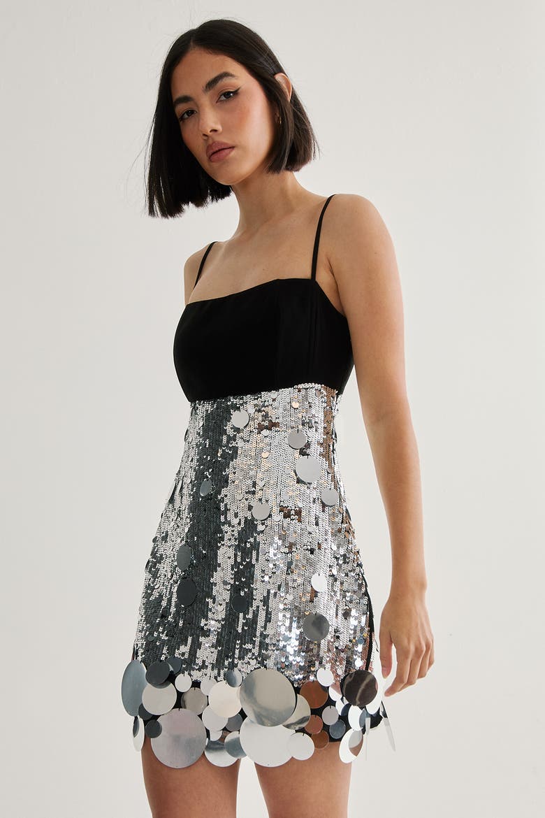 Sequin Disc Hem Sleeveless Mini Dress, Alternate, color, Silver