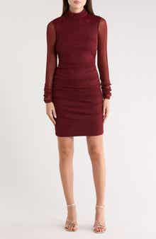 Eliza J Mock Neck Ruched Long Sleeve Mesh Body-Con Dress