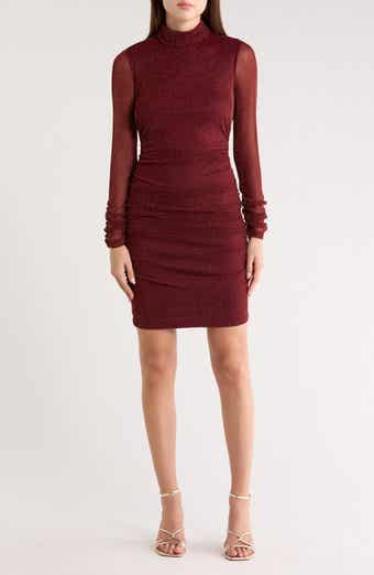 Eliza J Mock Neck Ruched Long Sleeve Mesh Body-Con Dress