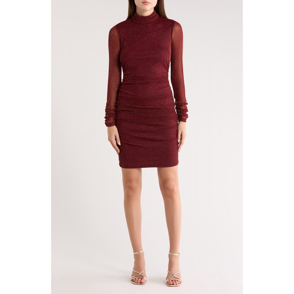 Eliza J Mock Neck Ruched Long Sleeve Mesh Body-con Dress In Burgundy