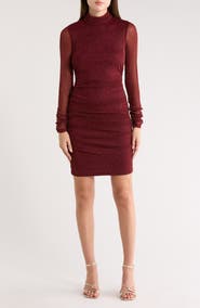 Eliza J Mock Neck Ruched Long Sleeve Mesh Body-Con Dress