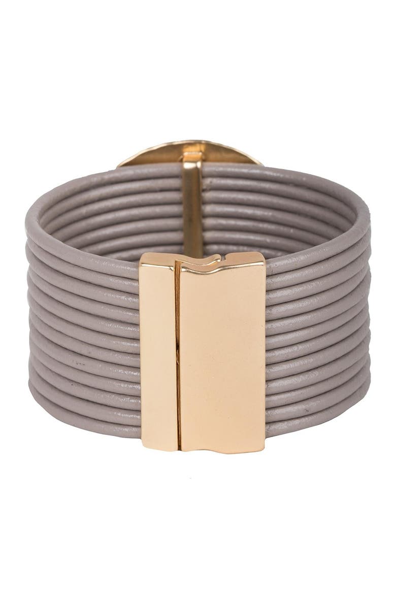 Slashed Medallion Layered Leather Wrap Bracelet, Alternate, color, TAUPE