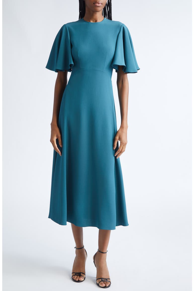 Flutter Sleeve Crepe Cady Midi Dress, Main, color, TEAL