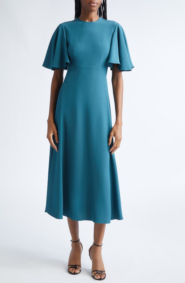 Michael Kors Collection Flutter Sleeve Crepe Cady Midi Dress, Main, color, Teal