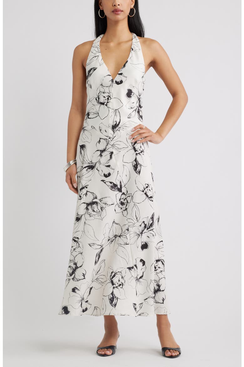 Halter Maxi Dress, Main, color, IVORY- BLACK FLOWERS