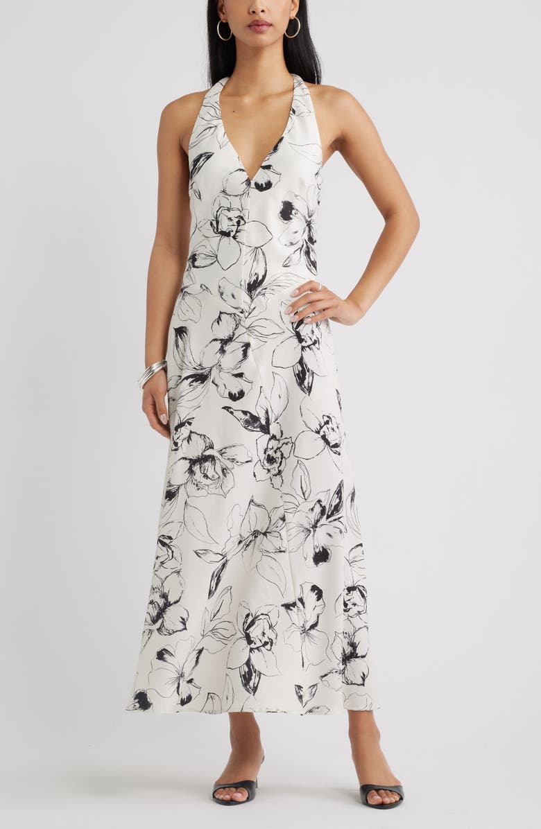 Open Edit Halter Maxi Dress, Main, color, Ivory- Black Flowers