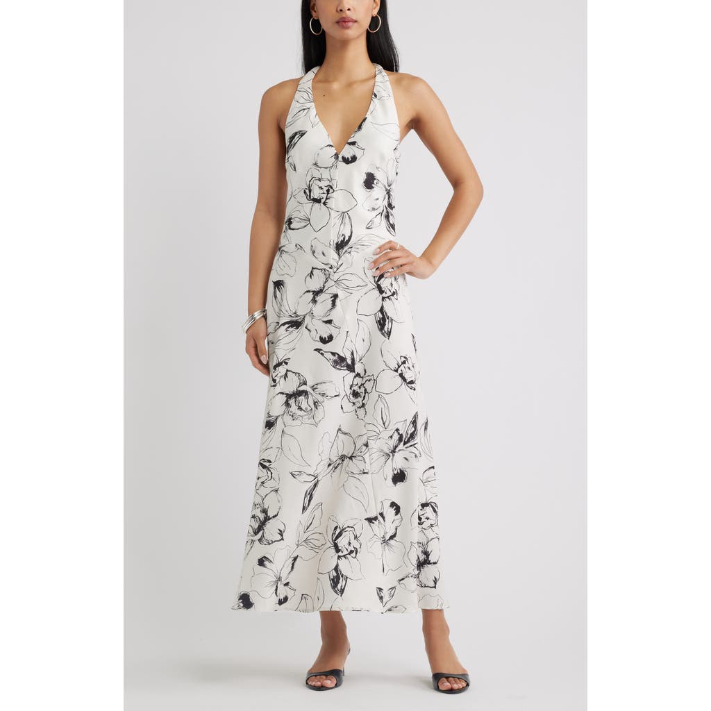 Open Edit Halter Maxi Dress in Ivory- Black Flowers at Nordstrom, Size Large