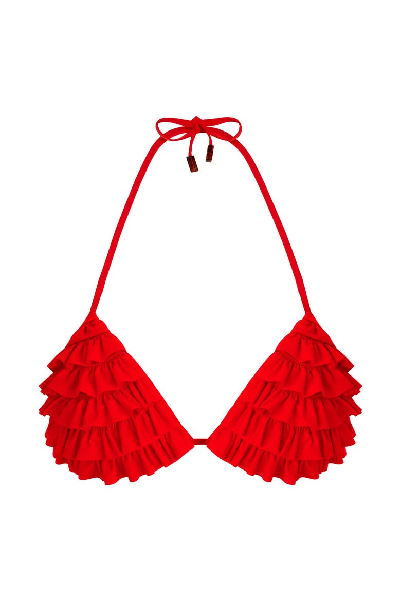 Women's Solid Ruffled Triangle Bikini Top Solid, Main, color, COQUELICOT