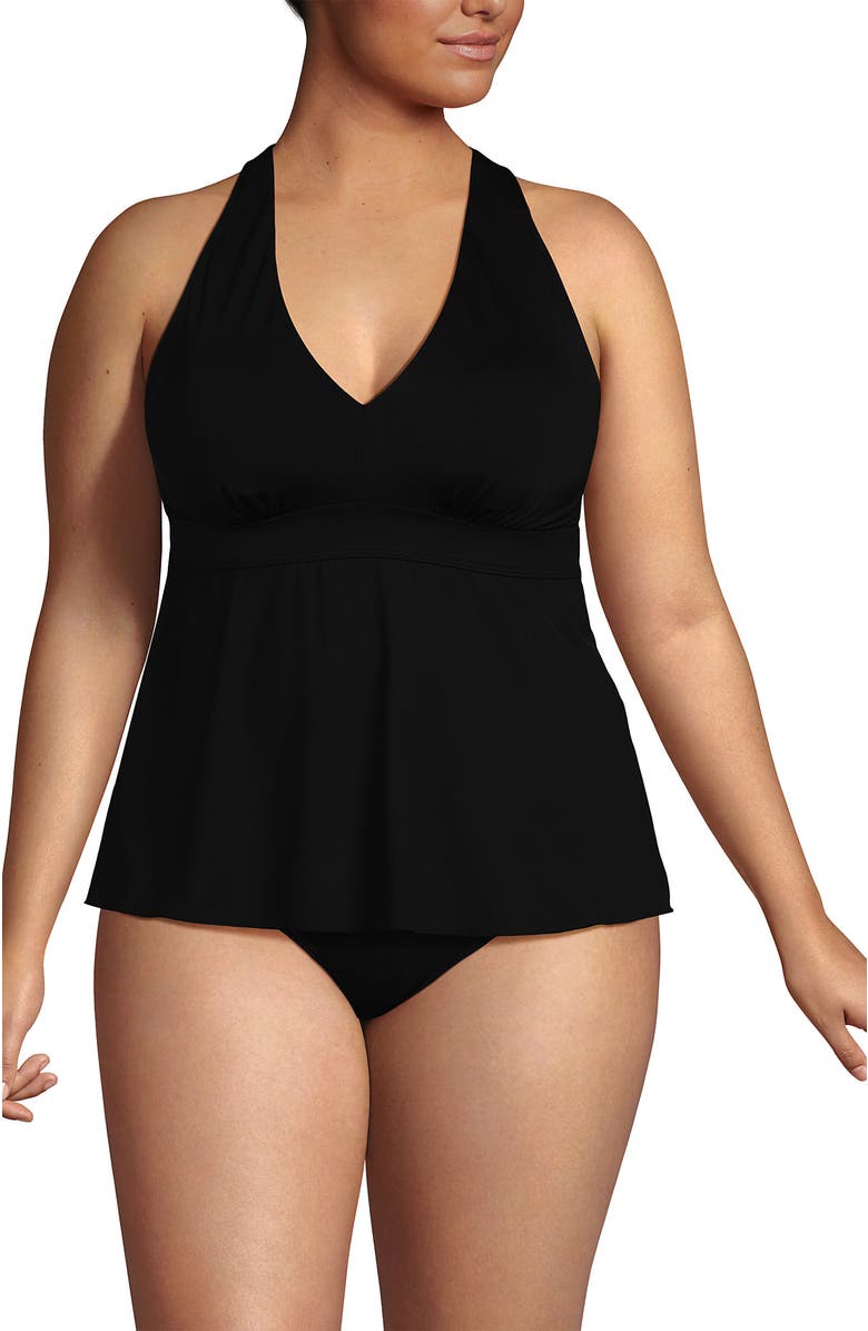 Lands' End Plus Size V-Neck Racerback Flutter Tankini, Alternate, color, Black