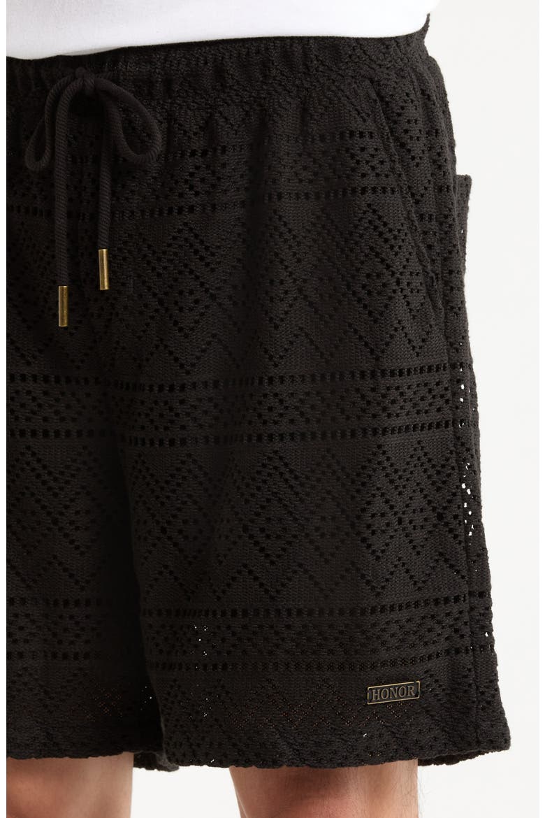 Pointelle Crochet Cotton Blend Drawstring Shorts, Alternate, color, BLACK