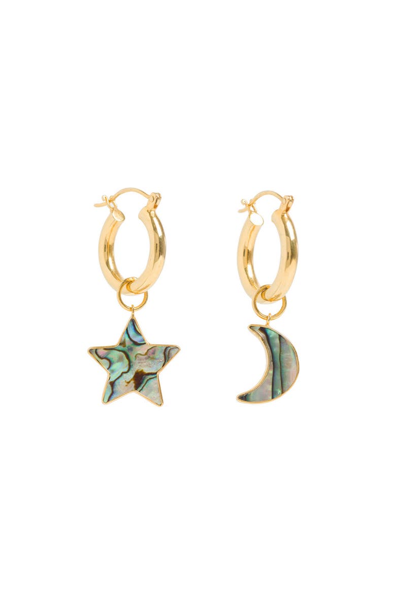 Mini Hoops with Paua Star and Moon, Main, color, Gold