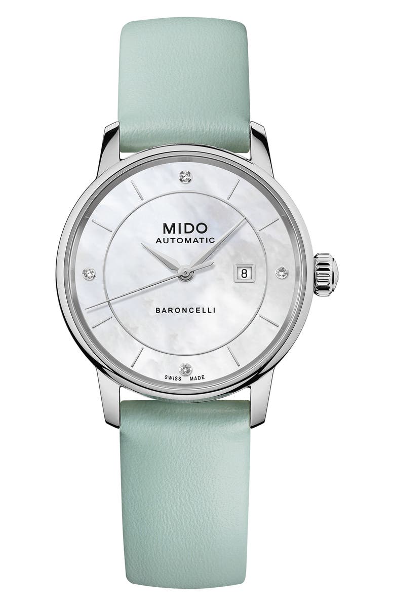 MIDO Baroncelli Signature Lady Colors Leather Strap Watch, 30mm, Main, color, Mother Of Pearl/ Multi