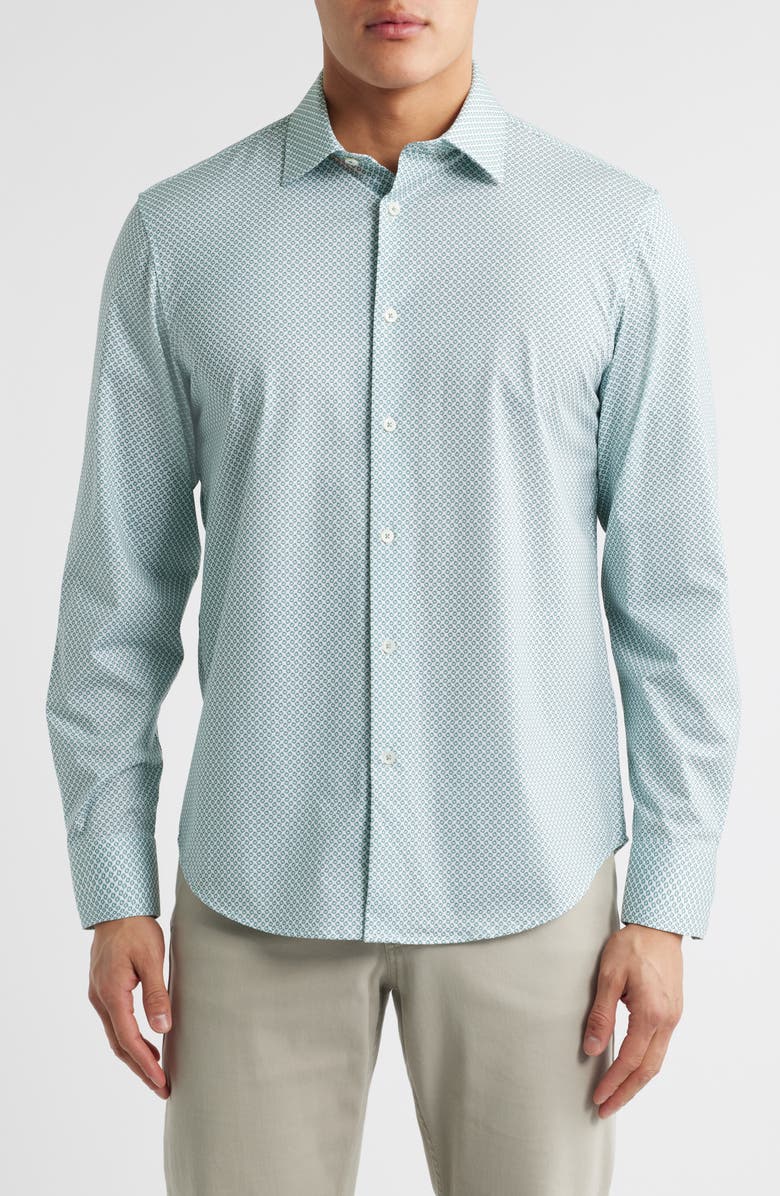 Bugatchi James OoohCotton<sup>®</sup> Geometric Print Button-Up Shirt, Main, color, Mint