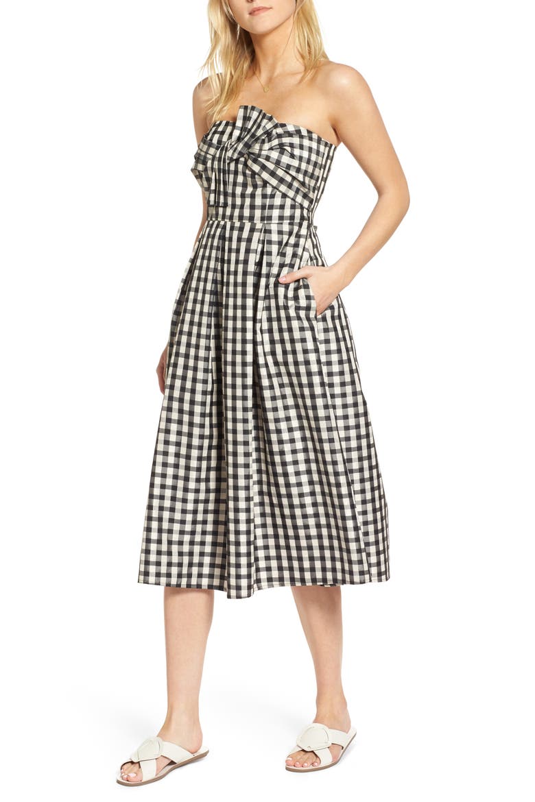 Bow Front Strapless Midi Dress, Main, color, BLACK GINGHAM