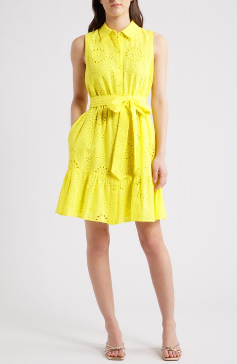 Eyelet Tie Waist Sleeveless Shirtdress