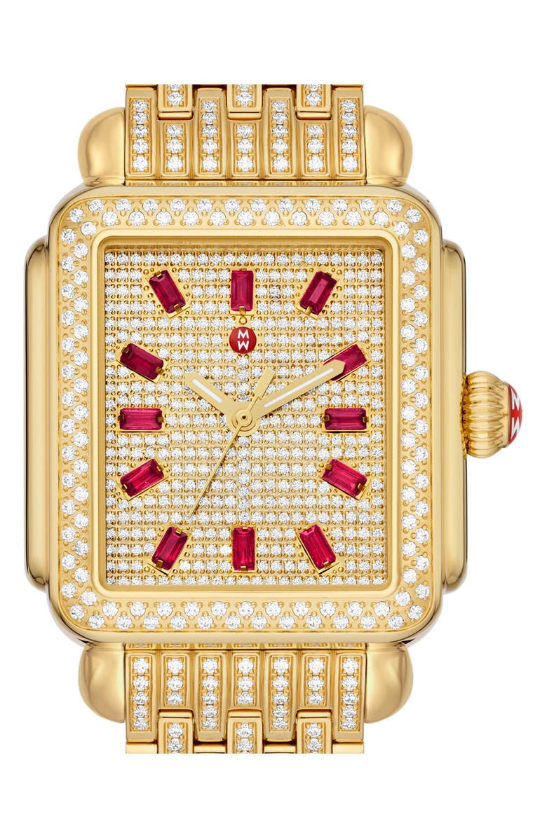 MICHELE Deco Diamond & Ruby Bracelet Watch, 33mm, Alternate, color, 