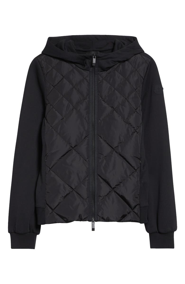 Moncler Mixed Media Hooded Zip Down Cardigan, Main, color, Black