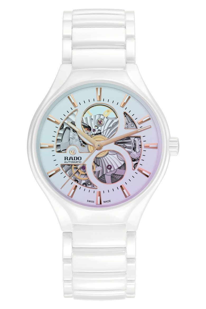 True Automatic Open Heart Bracelet Watch, 40mm, Main, color, WHITE