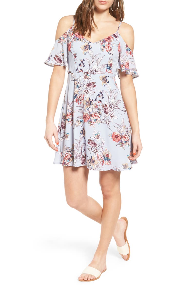 Off the Shoulder Fit & Flare Dress, Main, color, BLUE FLORAL
