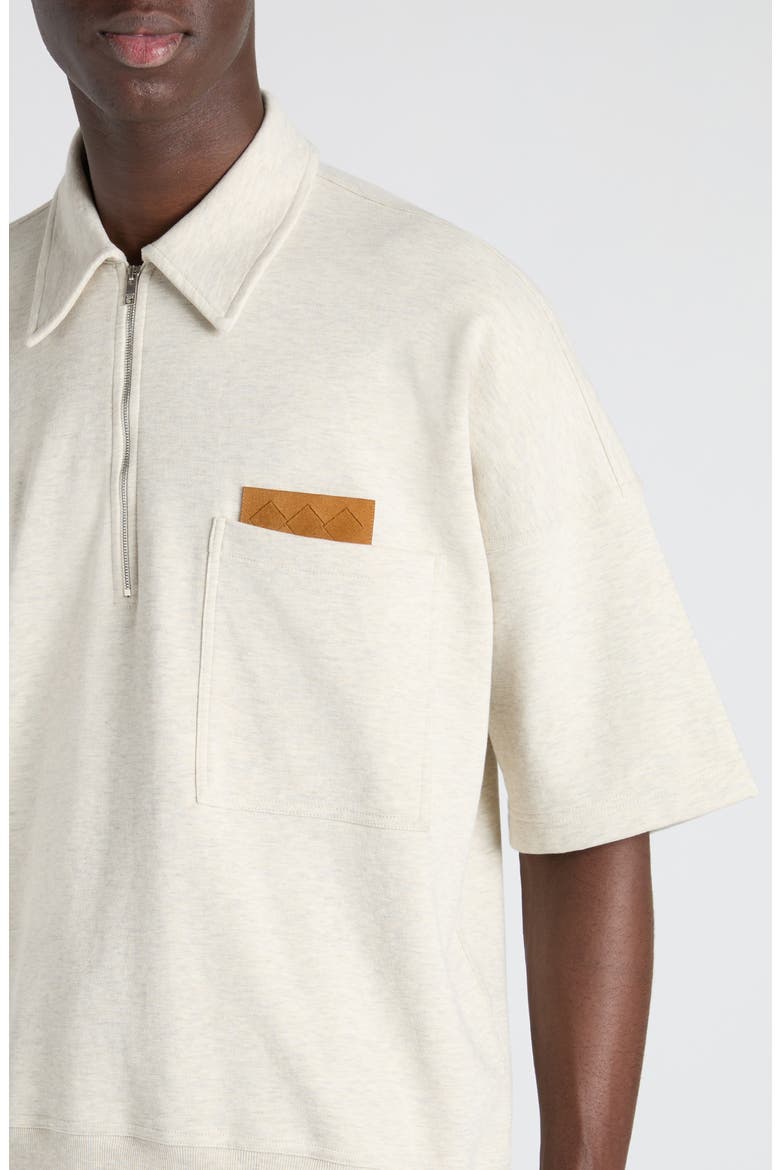 Double Cotton Mélange Jersey Quarter Zip Polo with Intrecciato Suede Patch, Alternate, color, 9781 SEA SALT MELANGE