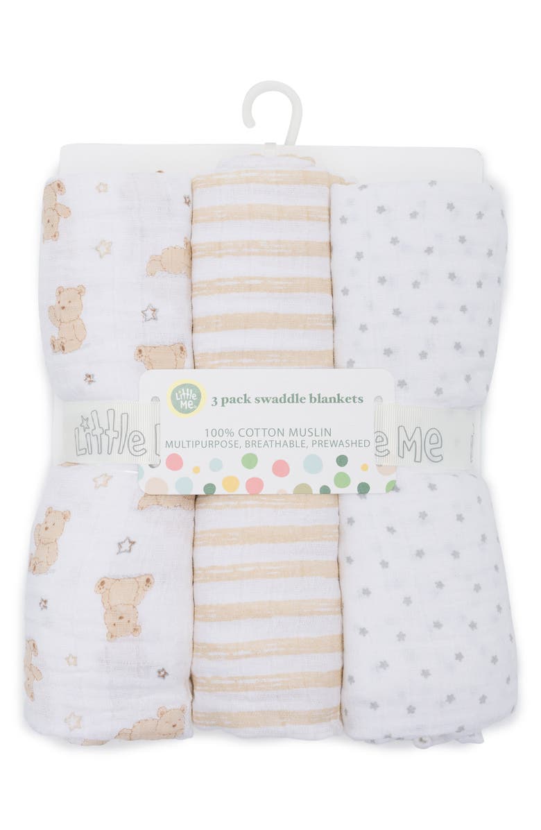 Little Me 3-Pack Cotton Muslin Swaddle Blankets, Main, color, Tan