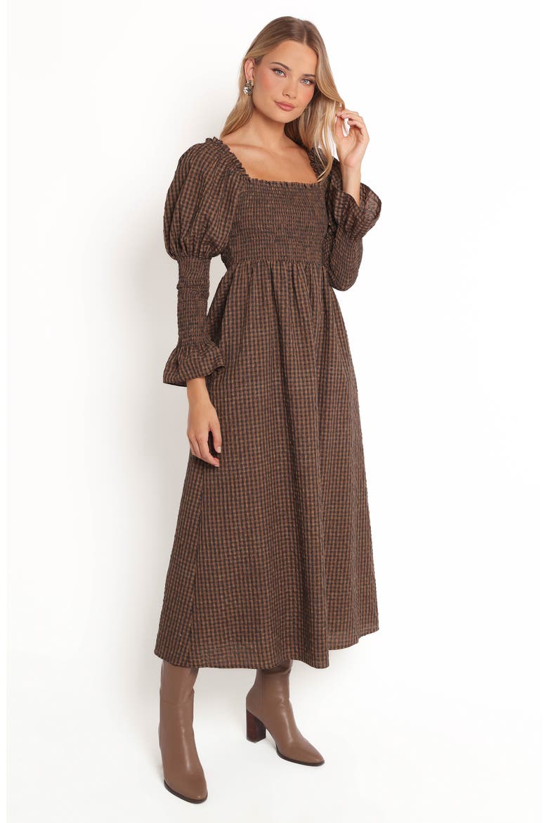 Cyrena Long Sleeve Fit & Flare Maxi Dress, Alternate, color, BROWN CHECK
