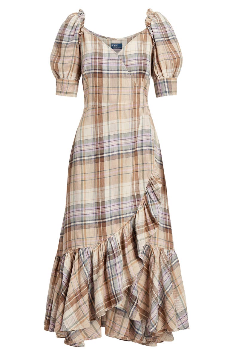 Plaid Puff Sleeve Linen Wrap Dress