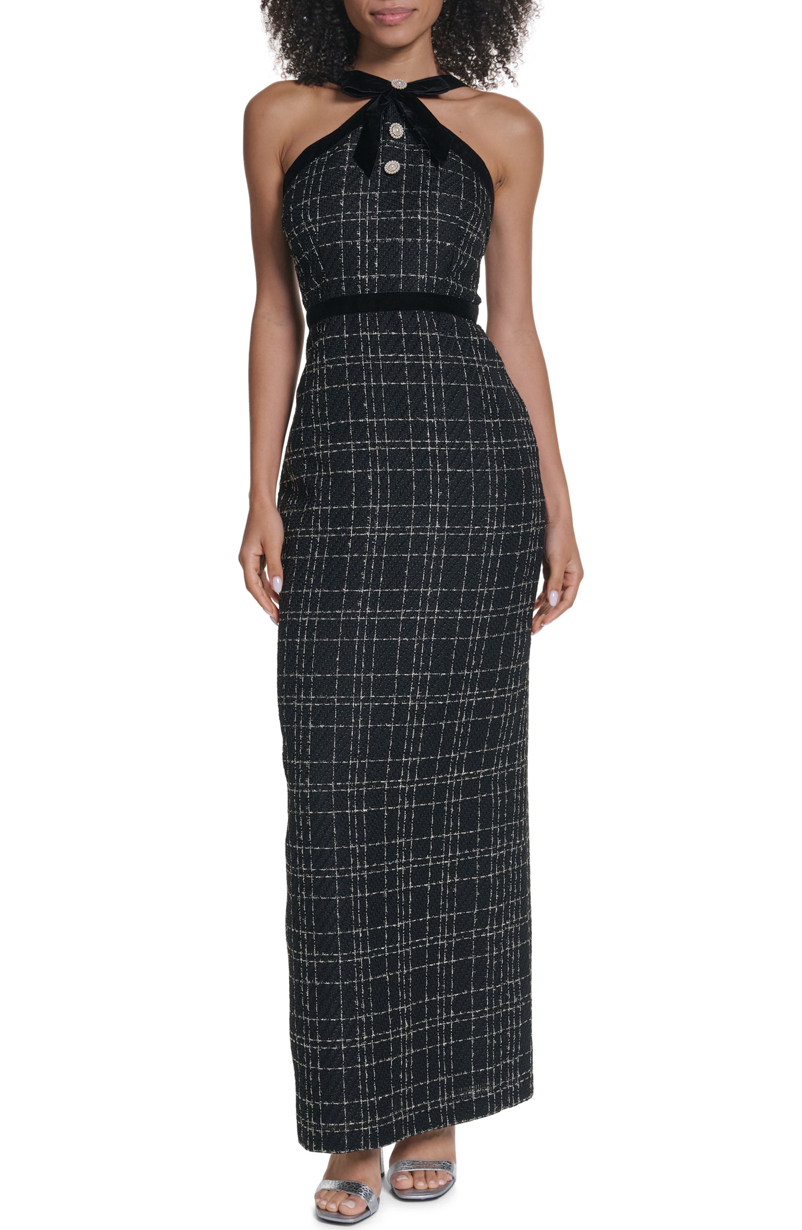 KARL LAGERFELD PARIS Check Print Tweed Column Gown (Women) | Nordstrom