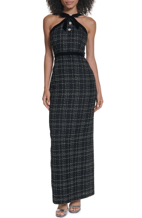 Check Print Tweed Column Gown