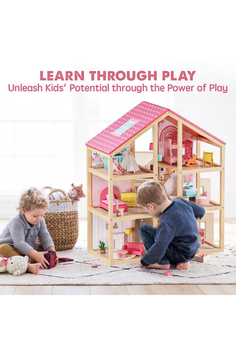 6 Room Wooden Dollhouse Set with Furniture for Kids, Alternate, color, Multicolor