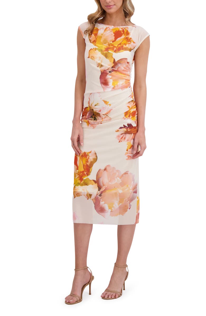 Ted Baker Ruched Mesh Midi Body-Con Dress, Alternate, color, Spicy Orange