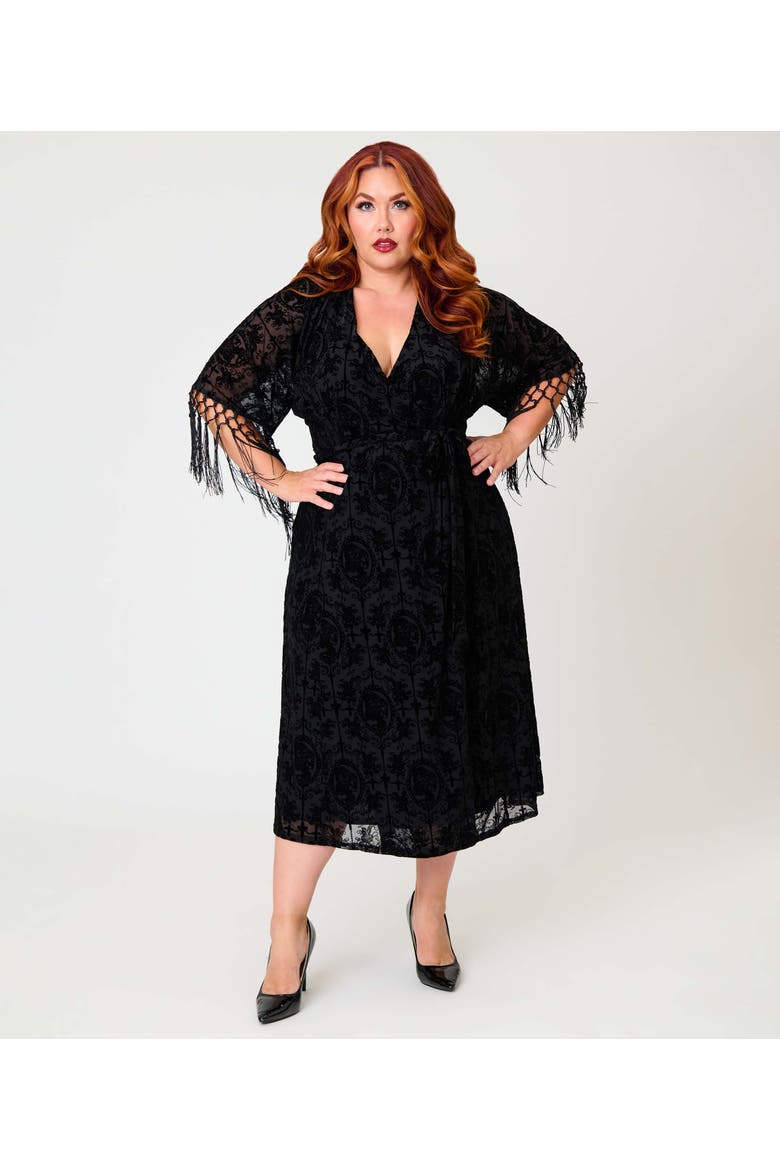 Plus Size Tie Wrap Surplice Midi Dress, Alternate, color, Black Solid