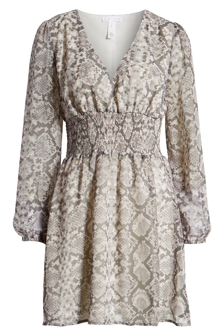 Smocked Waist Floral Print Long Sleeve Minidress, Alternate, color, GREY MARBLE SNAKESKIN