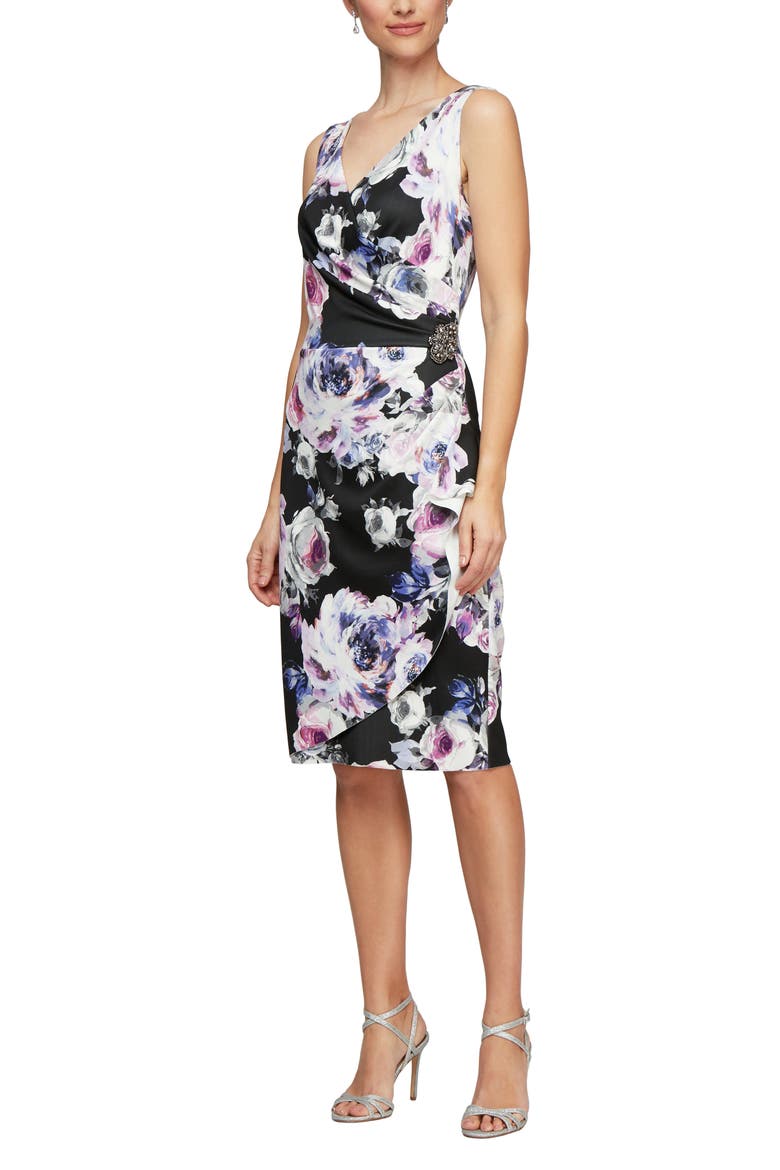 Side Ruched Cocktail Dress, Main, color, BLACK MULTI
